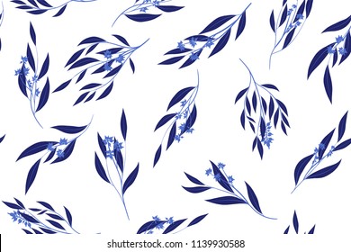 Seamless Summer Pattern in Watercolor Style. Vector Eucalyptus Leaves. Beautiful Branches and Floral Elements. Tropical Plants. Botanical Background. Summer Pattern for Wedding Design, Print, Textile.