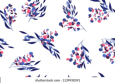 Seamless Summer Pattern in Watercolor Style. Vector Eucalyptus Leaves. Beautiful Branches and Floral Elements. Tropical Plants. Botanical Background. Summer Pattern for Wedding Design, Print, Textile.