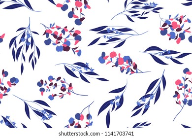 Seamless Summer Pattern in Watercolor Style. Vector Eucalyptus Leaves. Beautiful Branches and Floral Elements. Tropical Plants. Botanical Background. Summer Pattern for Wedding Design, Print, Textile.