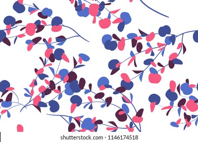 Seamless Summer Pattern in Watercolor Style. Vector Eucalyptus Leaves. Beautiful Branches and Floral Elements. Tropical Plants. Botanical Background. Summer Pattern for Wedding Design, Print, Textile.