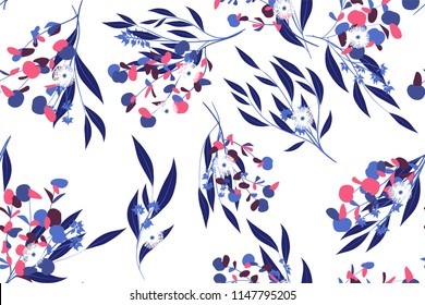 Seamless Summer Pattern in Watercolor Style. Vector Eucalyptus Leaves. Beautiful Branches and Floral Elements. Tropical Plants. Botanical Background. Summer Pattern for Wedding Design, Print, Textile.