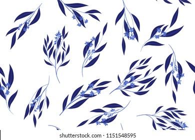 Seamless Summer Pattern in Watercolor Style. Vector Eucalyptus Leaves. Beautiful Branches and Floral Elements. Tropical Plants. Botanical Background. Summer Pattern for Wedding Design, Print, Textile.