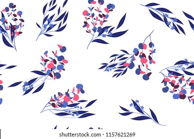 Seamless Summer Pattern in Watercolor Style. Vector Eucalyptus Leaves. Beautiful Branches and Floral Elements. Tropical Plants. Botanical Background. Summer Pattern for Wedding Design, Print, Textile.