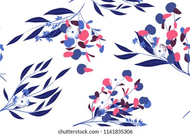 Seamless Summer Pattern in Watercolor Style. Vector Eucalyptus Leaves. Beautiful Branches and Floral Elements. Tropical Plants. Botanical Background. Summer Pattern for Wedding Design, Print, Textile.