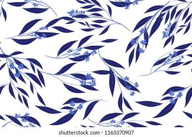 Seamless Summer Pattern in Watercolor Style. Vector Eucalyptus Leaves. Beautiful Branches and Floral Elements. Tropical Plants. Botanical Background. Summer Pattern for Wedding Design, Print, Textile.