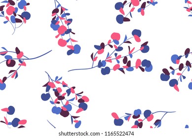 Seamless Summer Pattern in Watercolor Style. Vector Eucalyptus Leaves. Beautiful Branches and Floral Elements. Tropical Plants. Botanical Background. Summer Pattern for Wedding Design, Print, Textile.