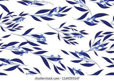 Seamless Summer Pattern in Watercolor Style. Vector Eucalyptus Leaves. Beautiful Branches and Floral Elements. Tropical Plants. Botanical Background. Summer Pattern for Wedding Design, Print, Textile.