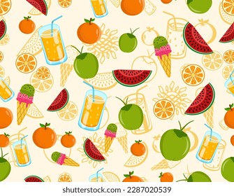 Seamless summer pattern with watermelon, coconut, oranges, ice cream and orange juice. Suitable for fabric motif patterns, wallpapers, backgrounds and other printing purposes. Vector illustration