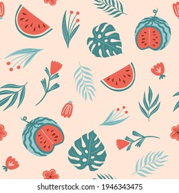 Seamless summer pattern with watermelon, monstera  leaf, fern, plants and flowers.  Vector illustration for fabric, wrapping paper, wallpaper, textile, background