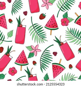 Seamless summer pattern with watermelon popsicle, fruit cocktail, strawberry, raspberry, palm branches and tropical flowers.