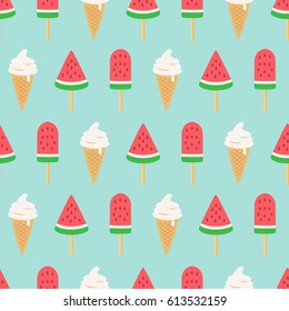 Seamless summer pattern. Watermelon popsicle and ice cream. Vector illustration.