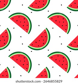Seamless Summer Pattern with Watermelon Slice on White Background. Vector Illustration