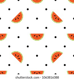 Seamless summer pattern with watermelon slices on background with dots. 

Vector.