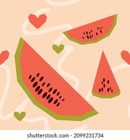 Seamless summer pattern with watermelon. Slices of juicy ripe watermelon. Summer freshness