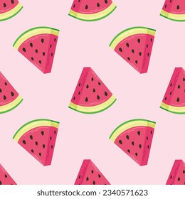 Seamless summer pattern with watermelon slices on a pink background. Summer pattern with fruits for fabric print, greeting card, wrapping. Vector flat illustration.