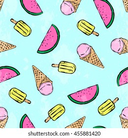 Seamless summer pattern with watermelon slices, ice cream cones and popsicles on light blue textured background. For fabric, wallpaper, wrapping paper and packaging.