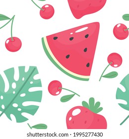 Seamless summer pattern with watermelon, strawberry, sweet cherry and tropical leaf. Vector hand drawn illustration.