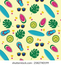 Seamless summer pattern with watermelon, sunglasses and flip flops