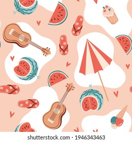 Seamless summer pattern with watermelon, ukulele, ice cream, umbrella and hearts.  Vector illustration for fabric, wrapping paper, wallpaper, textile, background