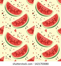 Seamless summer pattern with watermelons. Juicy and ripe watermelon with seeds. Banner, poster, print, wallpaper, wrapping paper. Vector illustration.