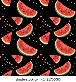 Seamless summer pattern with watermelons. Juicy and ripe watermelon with seeds.  Vector illustration.