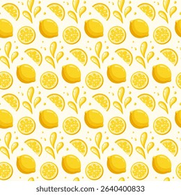Seamless summer pattern with whole lemons, citrus slices and juice splashes. Cartoon vector background. 