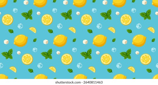 Seamless summer pattern with whole lemons, slices, mint, ice cubes and sugar. Cartoon vector background. 