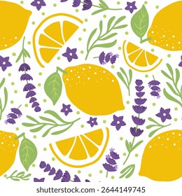 Seamless summer pattern with whole lemons, lemon slices, lavender flowers, and leaves. Aesthetic design perfect for fabric, digital prints, backgrounds, and decoration.