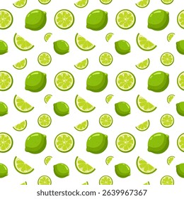 Seamless summer pattern with whole limes and lime slices on white background. Cartoon vector background. 