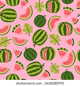 Seamless summer pattern with whole watermelons, watermelon slices, and green leaves on pink background. Flat colorful fruit design.
