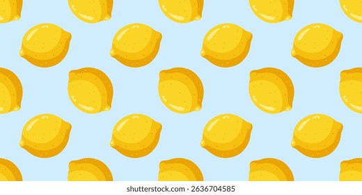 Seamless summer pattern with whole yellow fresh lemons on a bright blue background. Cartoon vector style.