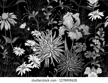 Seamless summer pattern with wild flowers chamomile, herbs, aster, iris. Floral background for printing wallpaper, paper, textiles, fabrics. Hand drawing sketch. Fashion illustration. Black and white