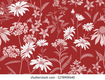 Seamless summer pattern with wild flowers chamomile, herbs, bells. Floral background for printing on wallpaper, paper, textiles, fabrics. Hand drawing sketch. Fashion illustration. Red and white.
