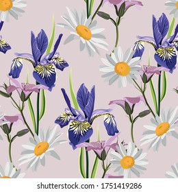 Seamless summer pattern. Wild flowers chamomile, herbs, iris. Floral decoration for printing on wallpaper, paper, textiles, fabrics. Hand drawing sketch. 