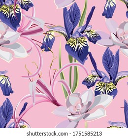 Seamless summer pattern. Wild flowers iris, succulent and lilies. Floral decoration for printing on wallpaper, paper, textiles, fabrics. Hand drawing sketch. Pink background.