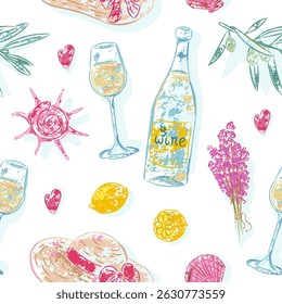 Seamless summer pattern with wine bottle, lavender, seashells and hat Hand-drawn textured vector design with soft grunge effect creates joyful summer mood and charm to prints, textile, wrapping paper