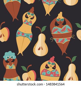 Seamless summer pattern. Women and fruit on the beach.  Vector illustration.