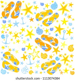 Seamless summer pattern. Wrapping paper, fabric, wallpaper, background design. White pattern with shells, star flip-flops and anchor. Fashion print design. Flat style. Icon Summer. Vector illustration
