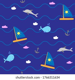 Seamless summer pattern with yacht and fishes swimming in tropical sea. Cute vector illustration with underwater marine animals - whales and dolphins, sailboats and anchors. Wallpaper for kids textile