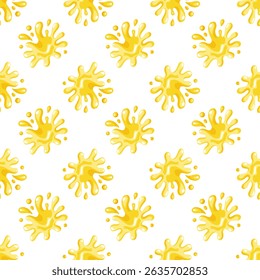 Seamless summer pattern with yellow dynamic lemon juice splashes in bright yellow. Cartoon vector on white background