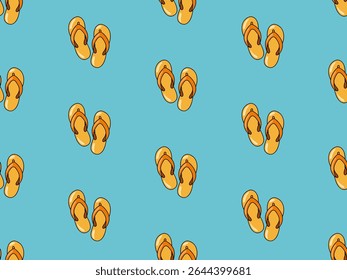 Padrão contínuo de verão com chinelos amarelos no fundo azul. Sapatos de praia de verão. Plano de fundo de vetor de estilo de desenho animado. 