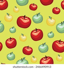A seamless summer pattern with yellow, green, red apples, colorful ripe fruits scattered on a yellow background, a vibrant fruit pattern 