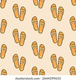 Seamless summer pattern with yellow stripe slippers on beige background. Summer shoes. Cartoon style vector background. 
