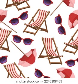 Seamless summer pattern,beach chair,sunglasses and umbrella on a white background.Vector pattern for tourist designs.
