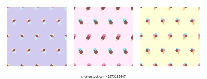 Seamless summer patterns with cute ice cream. Backdrops with delicious frozen creamy summer desserts. Flat cartoon vector illustration for wrapping paper, children textile, covers, wallpaper, prints
