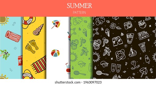Seamless summer patterns. Hand draw accessories for beach holidays by the sea. Doodle Illustration for ads, web, flyers, and banners. Set of drawn by hand icons. Summer fruits, food, transport and
