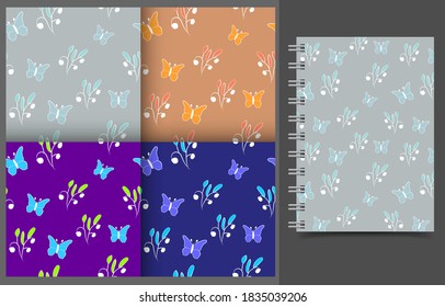 Patrones veraniegos inmaculados con plantas y mariposas. Fondo botánico de repetición vectorial para textiles, tejidos, papel de pared, impresión, cubierta, fondo, superficie, banner, diseño de paquete