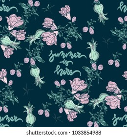 Seamless Summer pattern.Summer is here.  Hand Drawn Pomegranate Fruit, Flowers, Leaves. Vector illustration.
