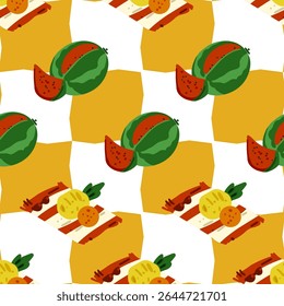 Padrão Sem Costura de Fruta de Piquenique de Verão — Padrão estilo Cartoon com melancias e cobertores de piquenique com lanches em um fundo xadrez amarelo e branco. Design plano brilhante e brincalhão.







