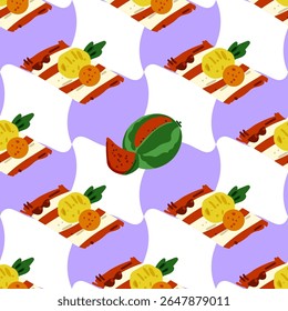 Seamless Summer Picnic Pattern. Seamless pattern with beach towels, pineapples, oranges, watermelons and sunglasses on purple checkered background. Flat style with bright fresh colors.